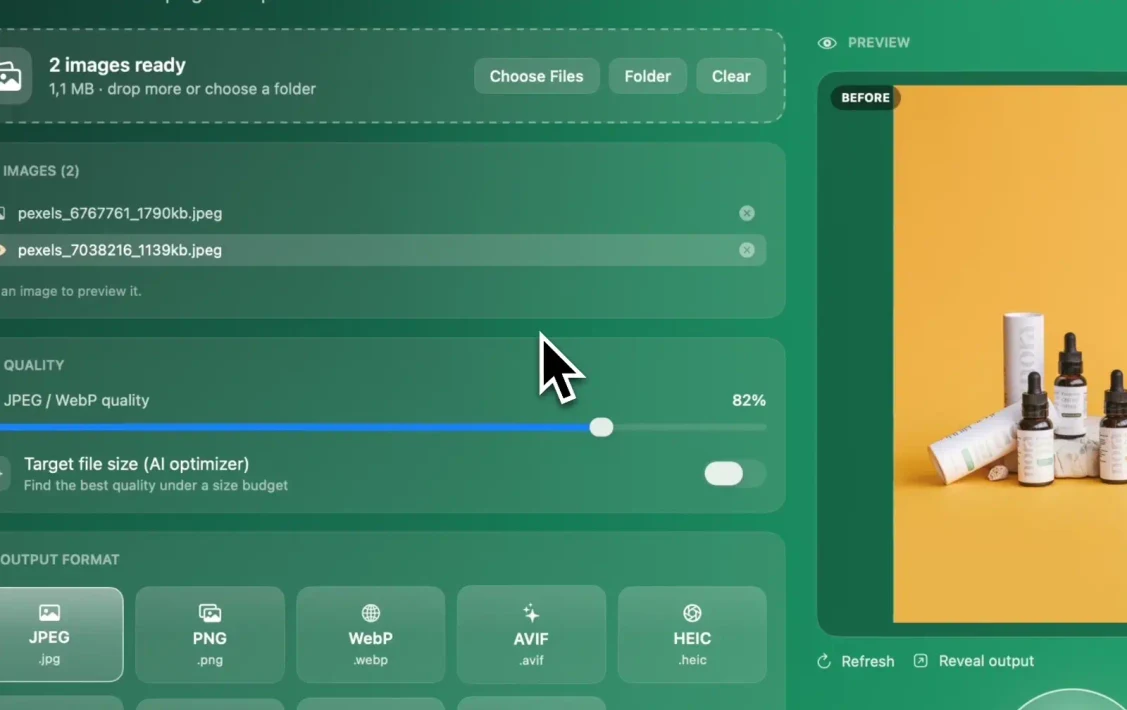 Operimage Compress window: Operimage's Compress tool: choose the format, set quality or a Target file size, compare Before and After, then click Compress.