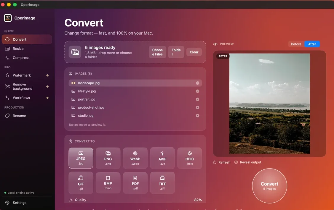 Operimage Convert window: Operimage's Convert tool with a folder loaded: choose one of nine output formats, set quality, compare Before/After on the selected image, then click Convert.