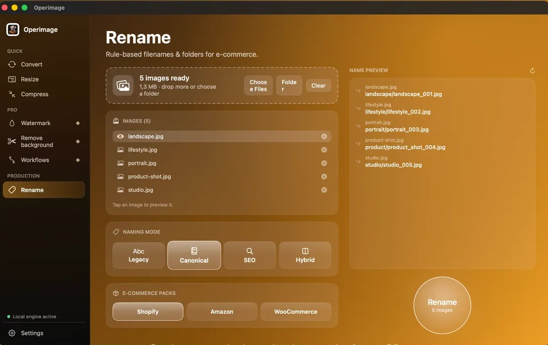 Operimage Rename window: Operimage's Rename tool: choose a naming mode or e-commerce pack, set the counter and tokens, and read the live preview of every new name before clicking Rename.